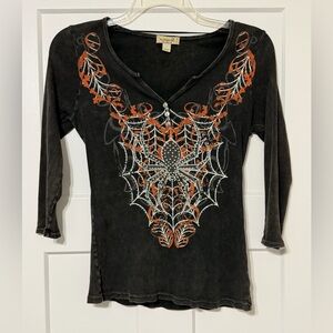 970: ONE WORLD Black Long-Sleeve Top with Orange & White Spider Web Design - Med